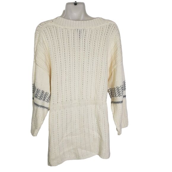 Apostrophe Womens Cardigan Sweater Large Pom Pom Cream Gray Tie Front 3/4 Sleeve - Picture 2 of 10